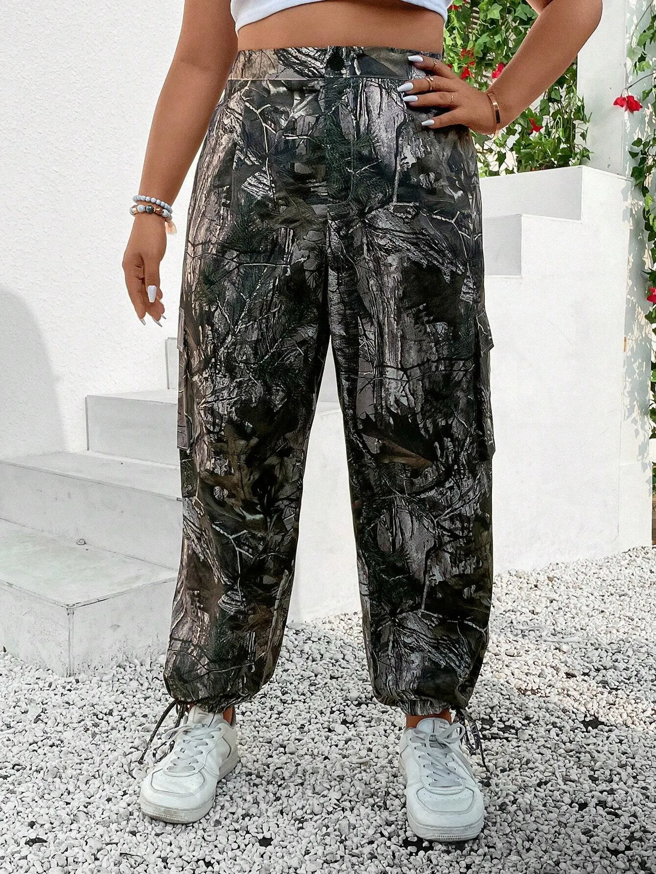 Allover Print Drawstring Hem Cargo Pants