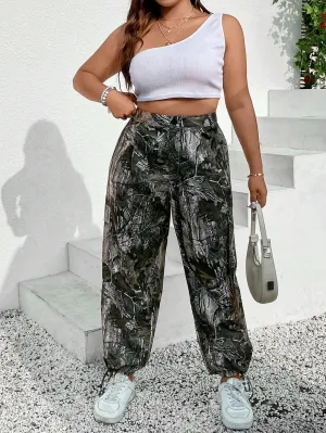 Allover Print Drawstring Hem Cargo Pants
