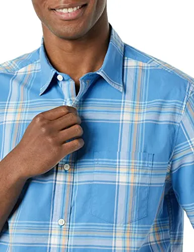 Amazon Essentials Men's Short-Sleeve Stretch Poplin Shirt (Available in Big & Tall), Navy Red Plaid, Small
