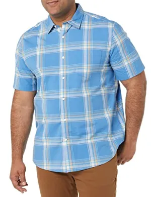 Amazon Essentials Men's Short-Sleeve Stretch Poplin Shirt (Available in Big & Tall), Navy Red Plaid, Small