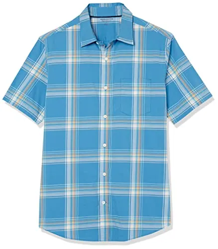 Amazon Essentials Men's Short-Sleeve Stretch Poplin Shirt (Available in Big & Tall), Navy Red Plaid, Small