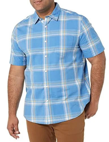 Amazon Essentials Men's Short-Sleeve Stretch Poplin Shirt (Available in Big & Tall), Navy Red Plaid, Small