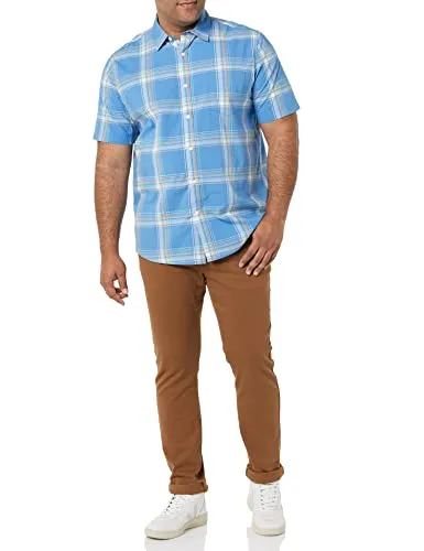Amazon Essentials Men's Short-Sleeve Stretch Poplin Shirt (Available in Big & Tall), Navy Red Plaid, Small