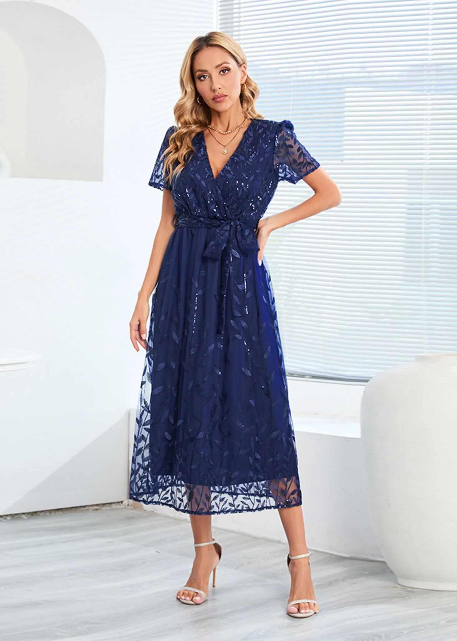 Anna-Kaci Women's V Neck Sequin Wedding Party Maxi Dress Wrap Lace Floral Embroidery Sparkly Evening Long Dress