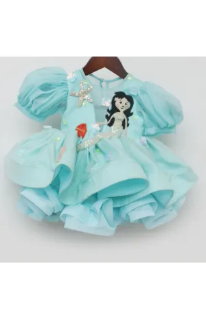Aqua Blue 3D Mermaid Motif Embroidered Dress