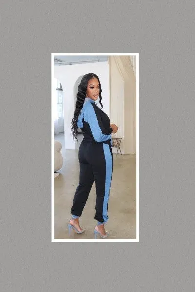 Are You Ready To Go Two Piece Denim Duo Hooded Tracksuit (Black)
