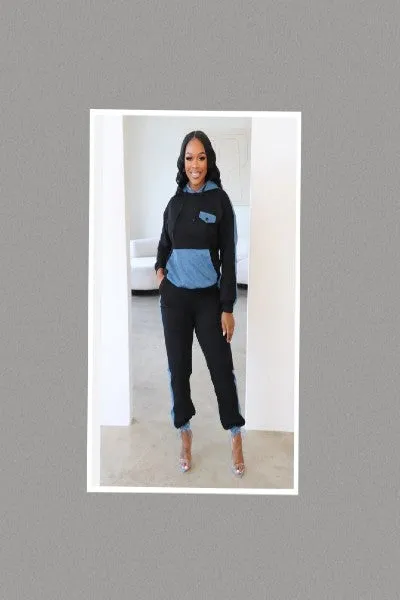 Are You Ready To Go Two Piece Denim Duo Hooded Tracksuit (Black)