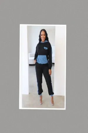 Are You Ready To Go Two Piece Denim Duo Hooded Tracksuit (Black)