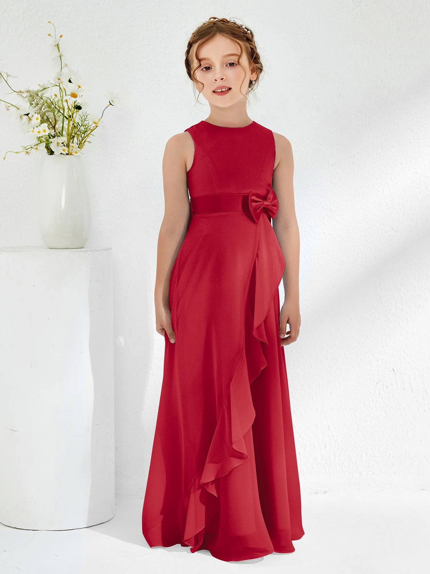 Bateau Neckline Ruffle Junior Bridesmaid Gowns Burgundy