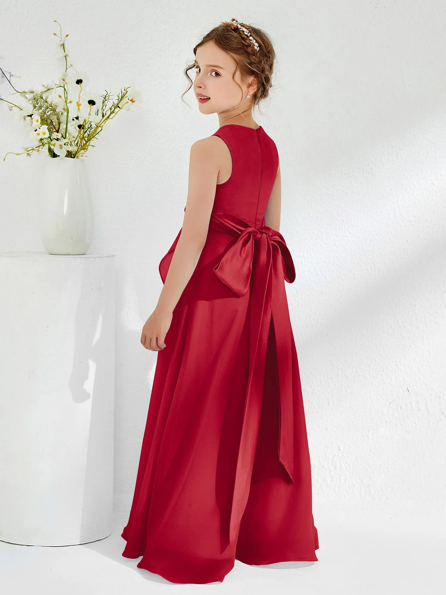 Bateau Neckline Ruffle Junior Bridesmaid Gowns Burgundy