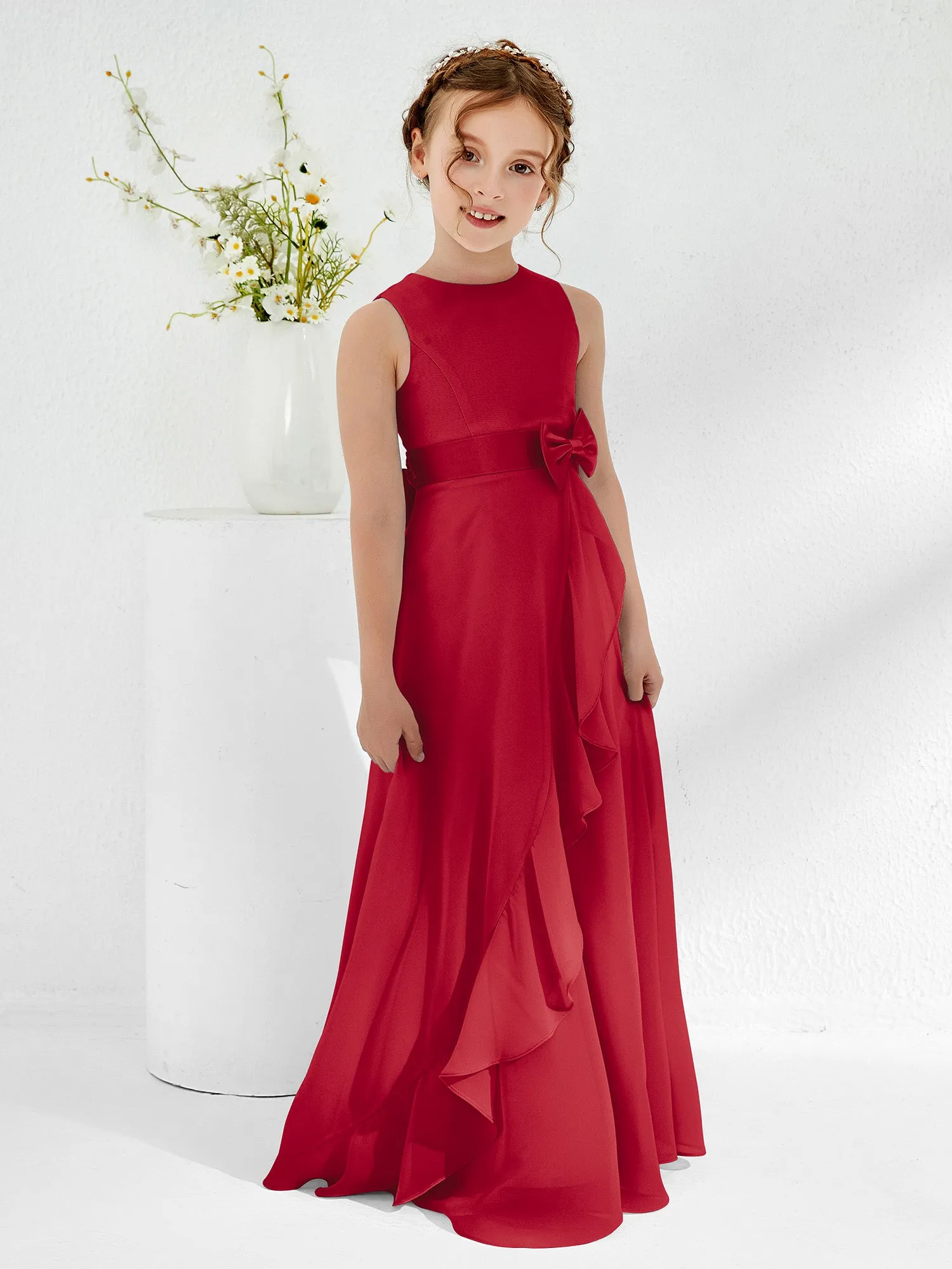Bateau Neckline Ruffle Junior Bridesmaid Gowns Burgundy