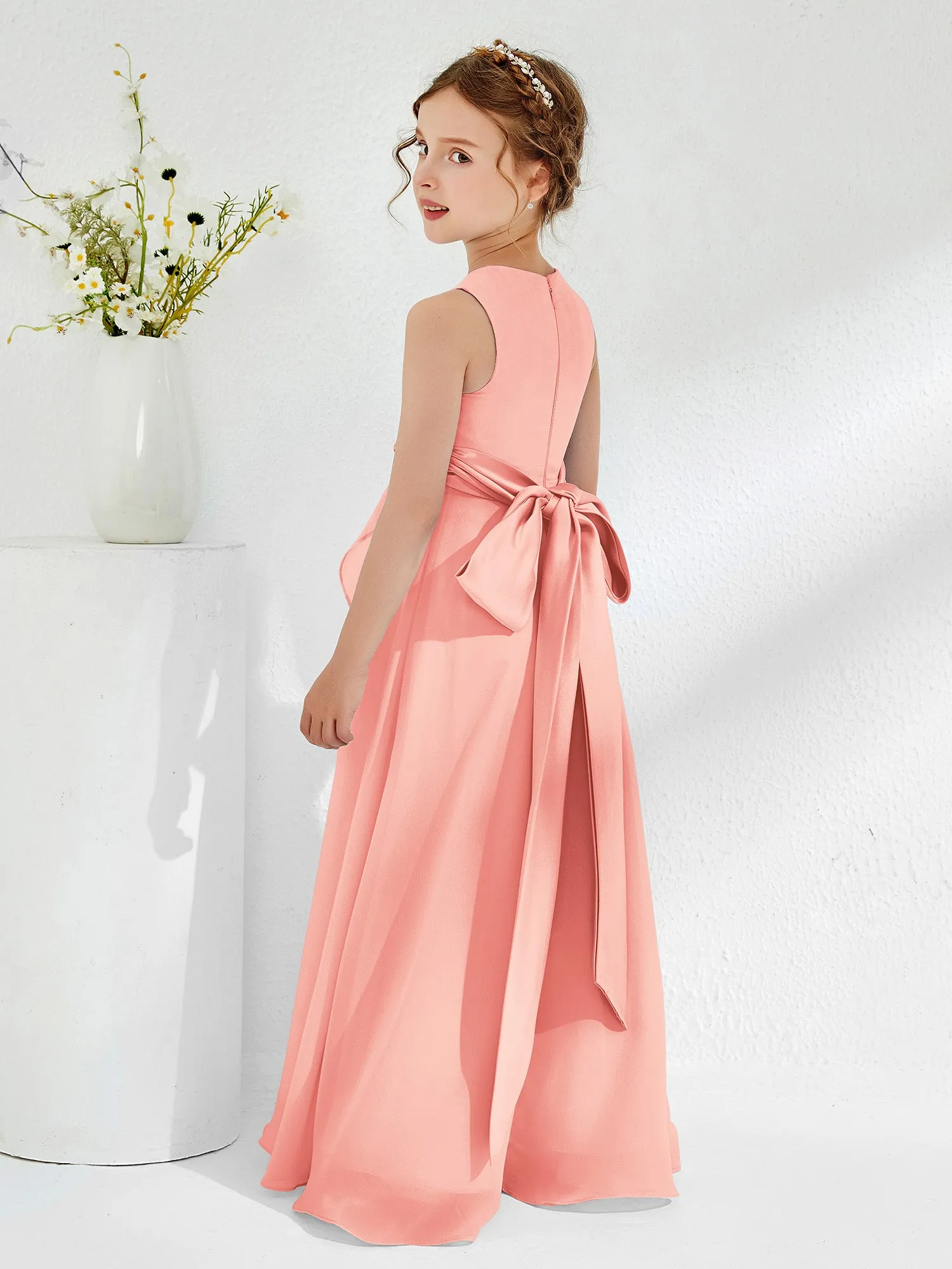 Bateau Neckline Ruffle Junior Bridesmaid Gowns Coral
