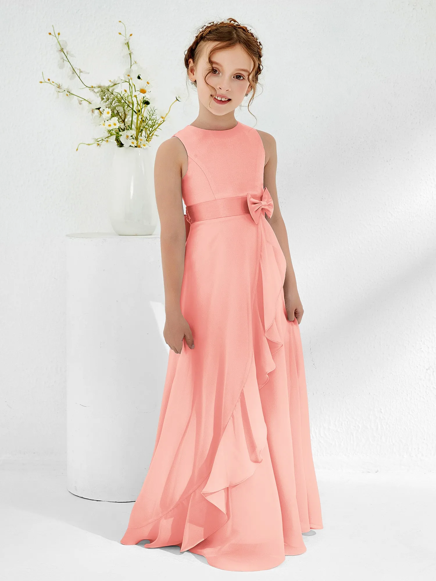 Bateau Neckline Ruffle Junior Bridesmaid Gowns Coral