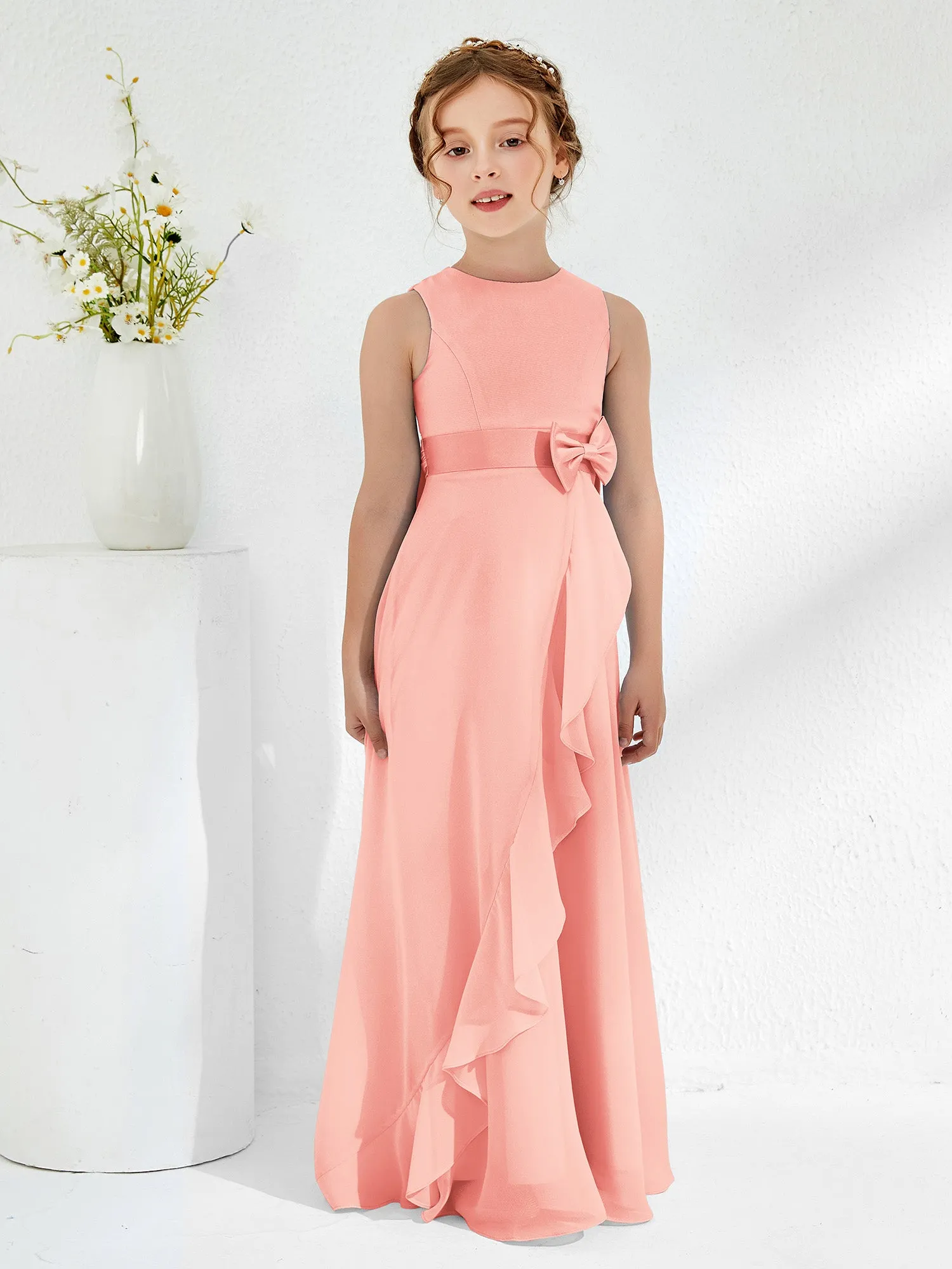 Bateau Neckline Ruffle Junior Bridesmaid Gowns Coral
