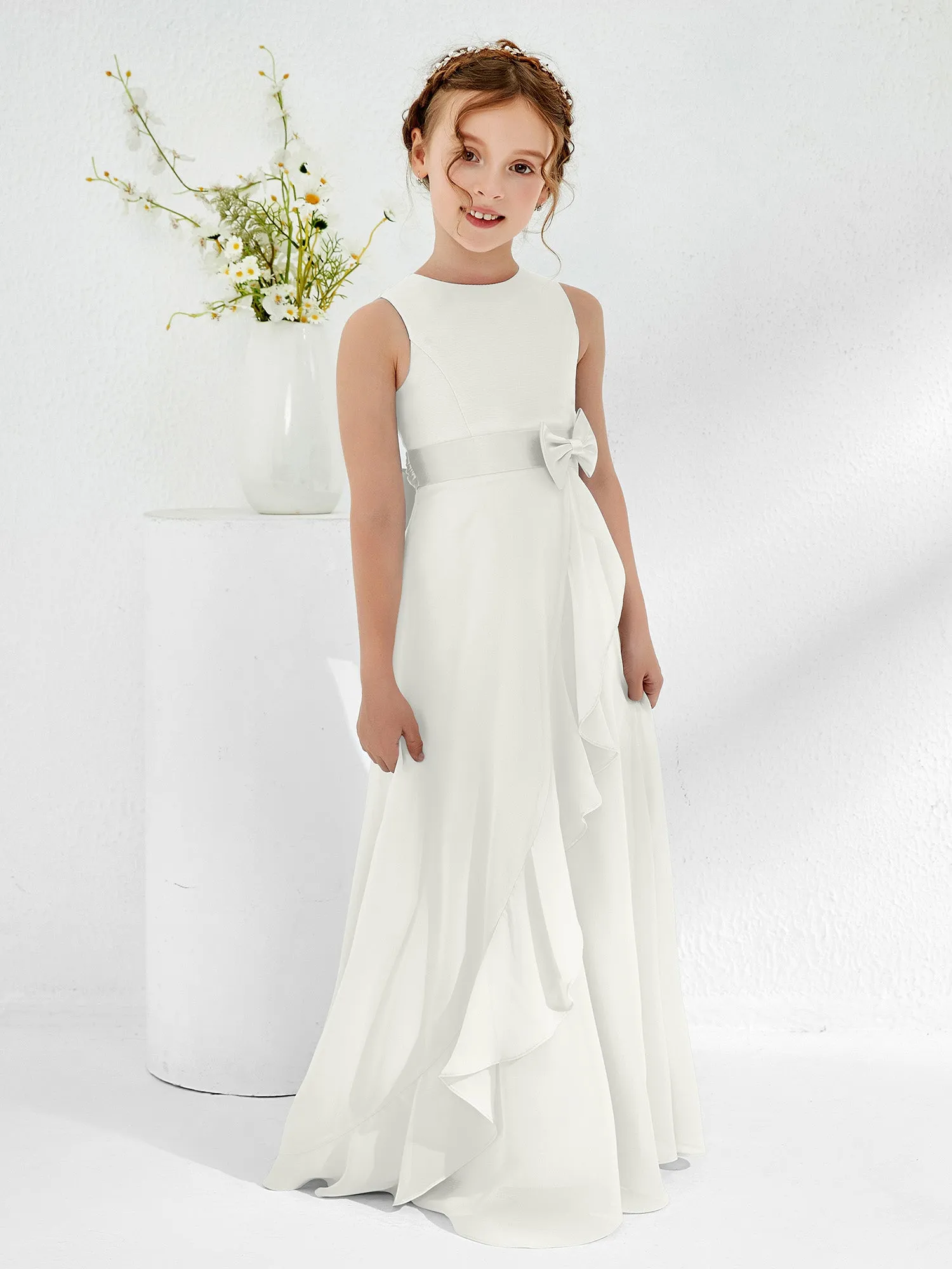 Bateau Neckline Ruffle Junior Bridesmaid Gowns Ivory