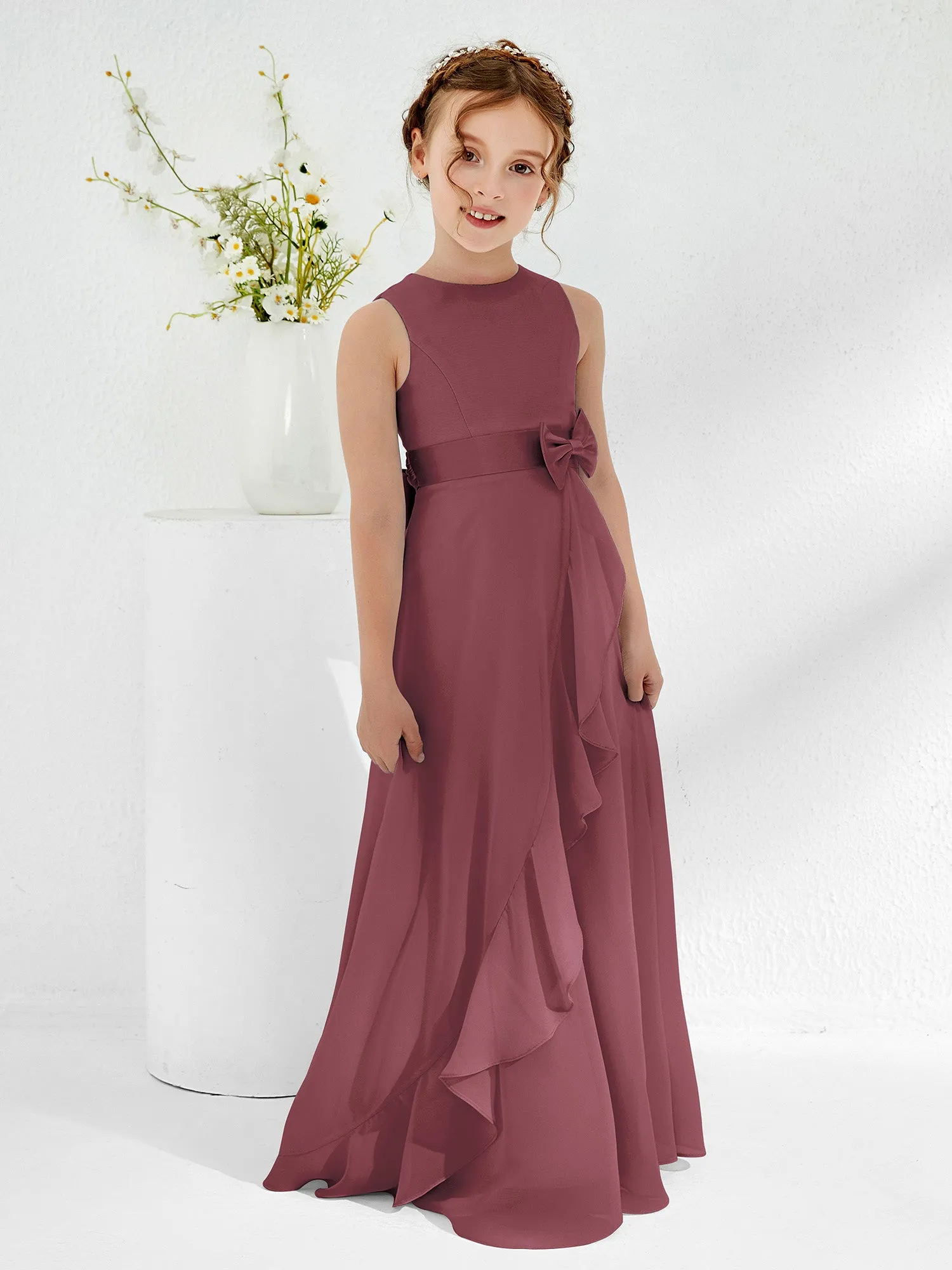 Bateau Neckline Ruffle Junior Bridesmaid Gowns Mulberry