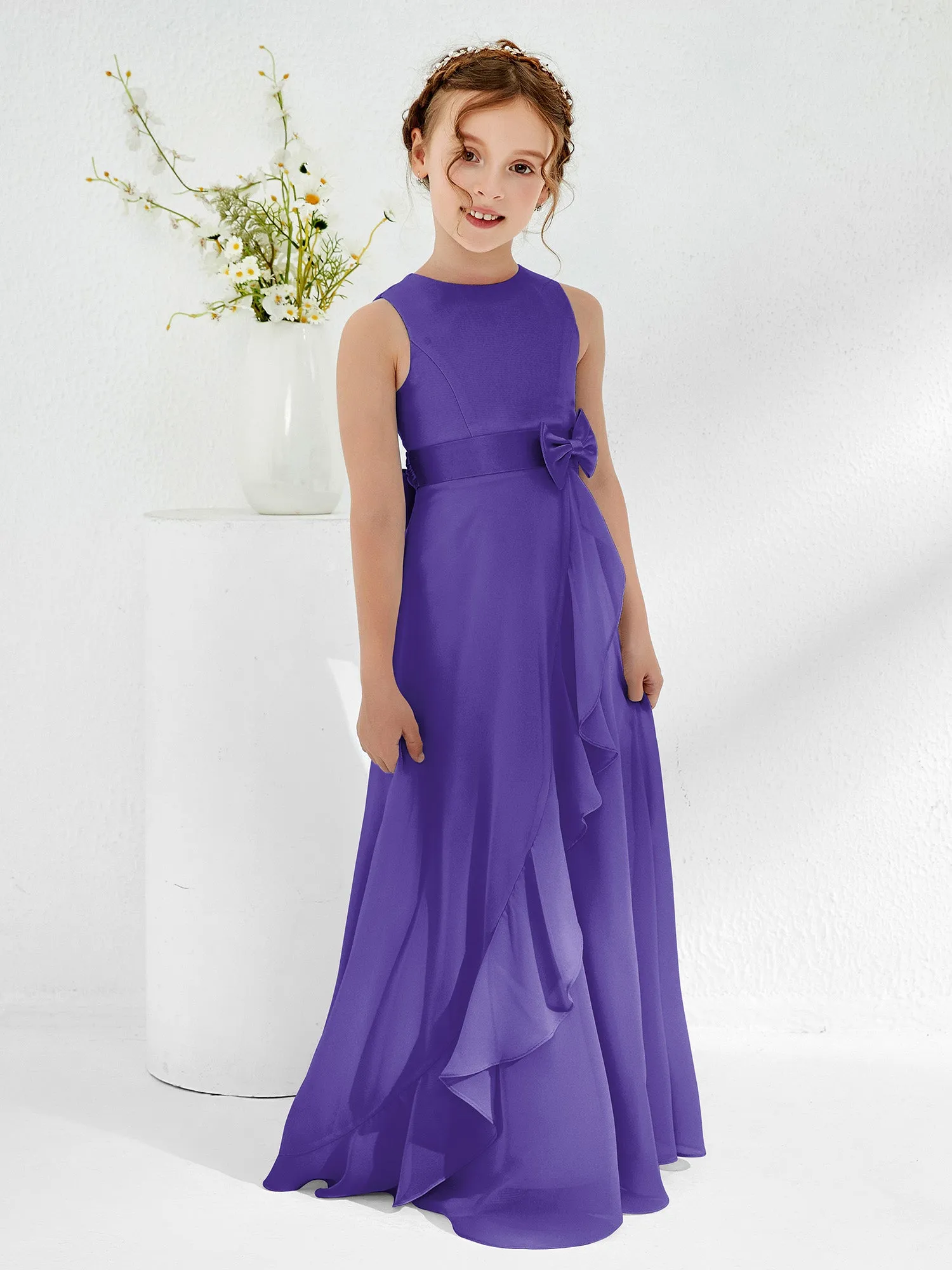 Bateau Neckline Ruffle Junior Bridesmaid Gowns Regency