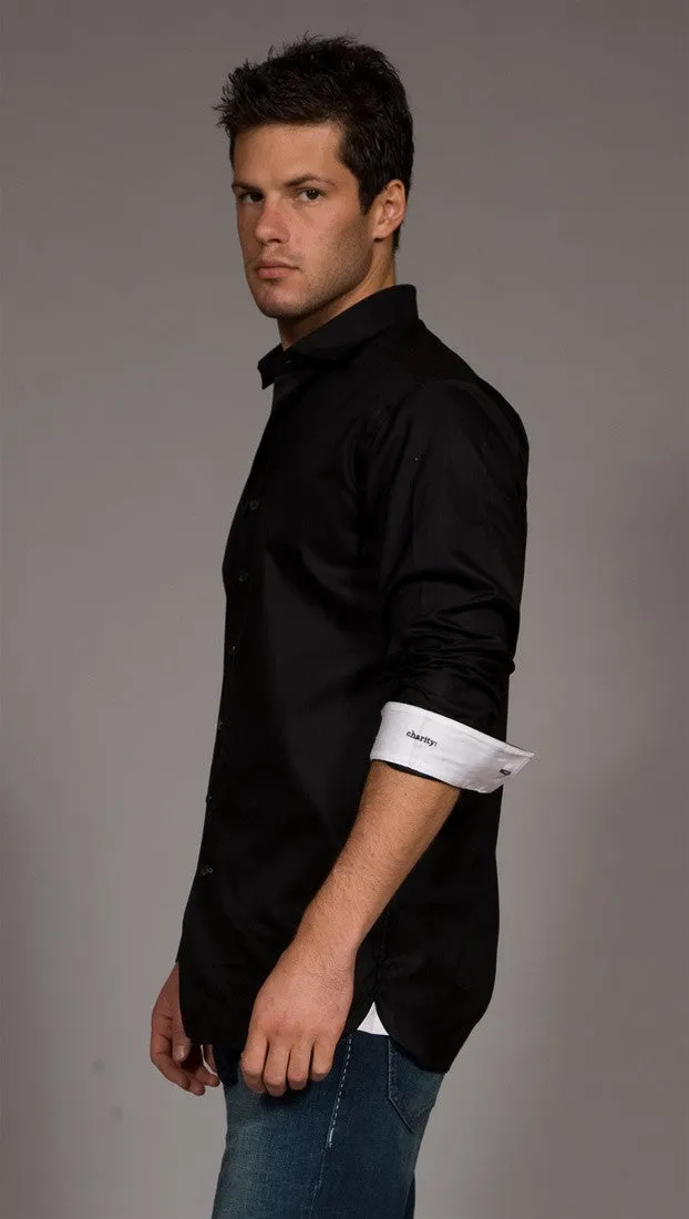 Black Charity Button Down White Contrast Cuffs