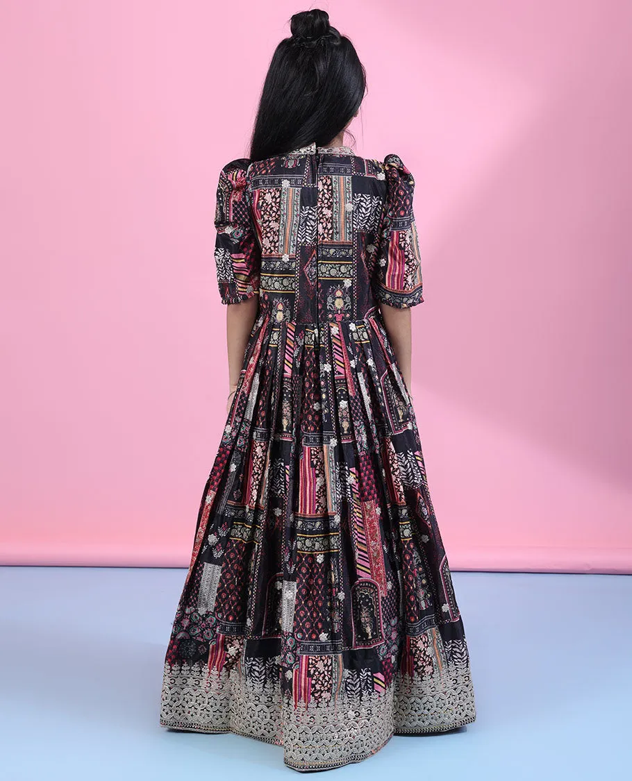 Black intricately printed & thread embroidered elbow-puff-sleeve with chinese collar readymade frock