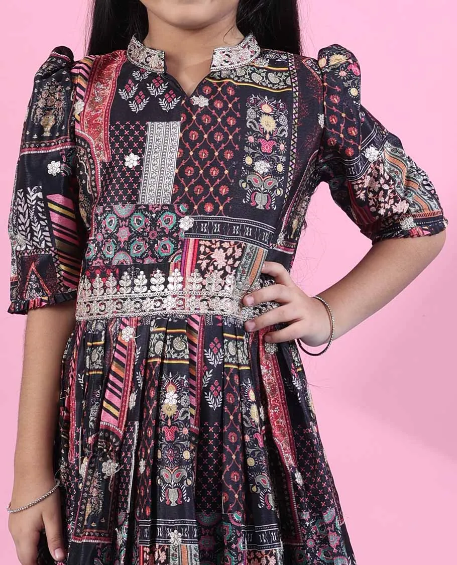 Black intricately printed & thread embroidered elbow-puff-sleeve with chinese collar readymade frock