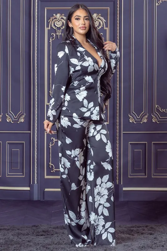 Black White Printed Back Tied Blazer and Pants Set