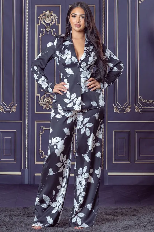 Black White Printed Back Tied Blazer and Pants Set