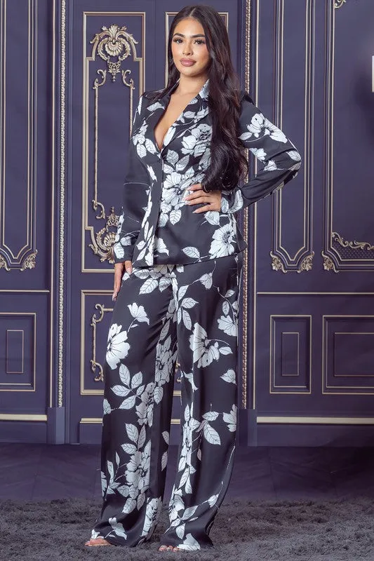 Black White Printed Back Tied Blazer and Pants Set