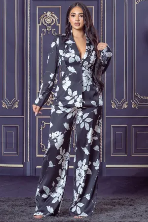 Black White Printed Back Tied Blazer and Pants Set