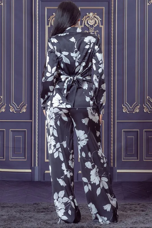 Black White Printed Back Tied Blazer and Pants Set