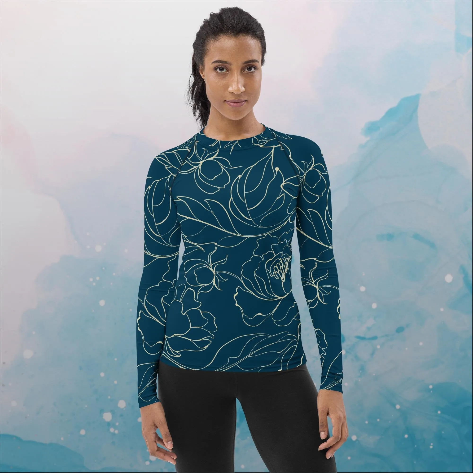 Blue and Cream Floral Stencil Lines  Rash Guard