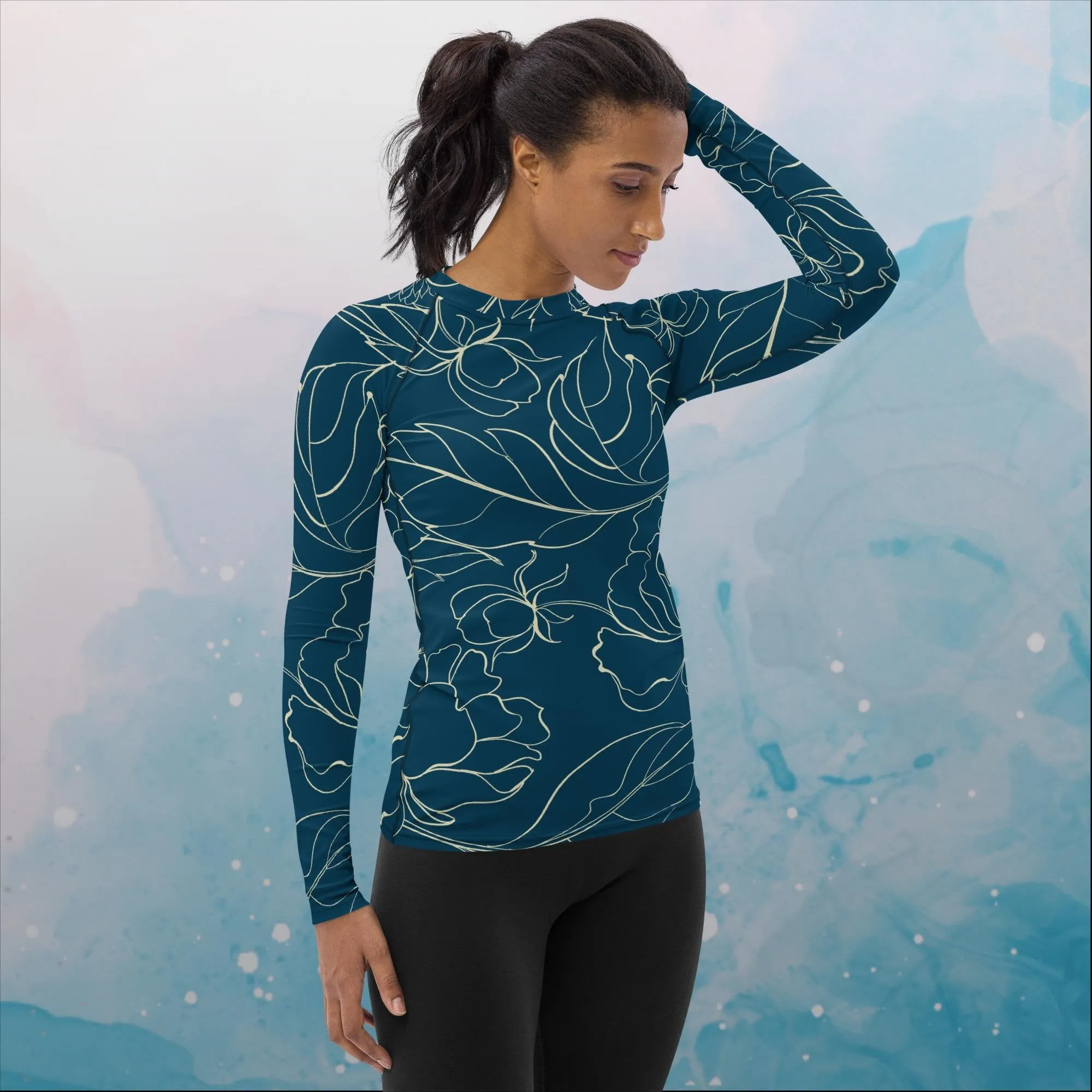 Blue and Cream Floral Stencil Lines  Rash Guard