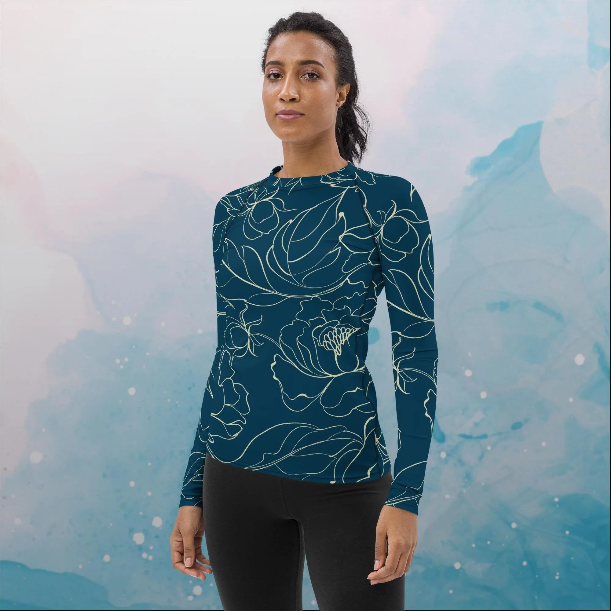 Blue and Cream Floral Stencil Lines  Rash Guard