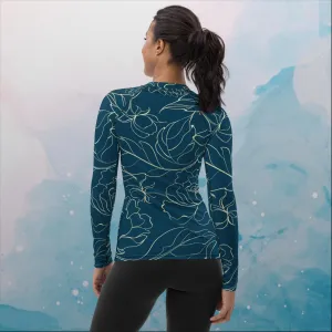 Blue and Cream Floral Stencil Lines  Rash Guard