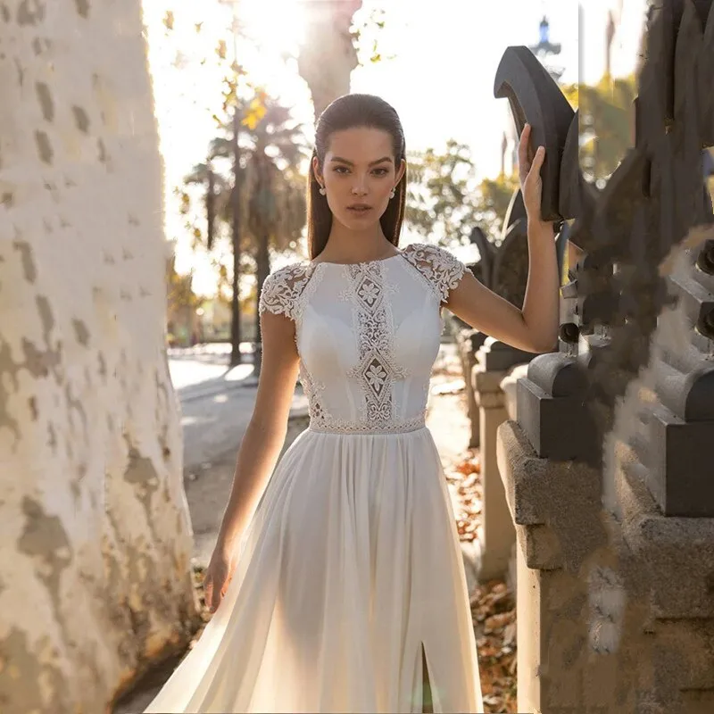 Boho Chiffon Lace Wedding Dress Appliques Cap Sleeves High Slit Bride Dress Backless Vintage Robe Party Gowns Vestidos De Novia