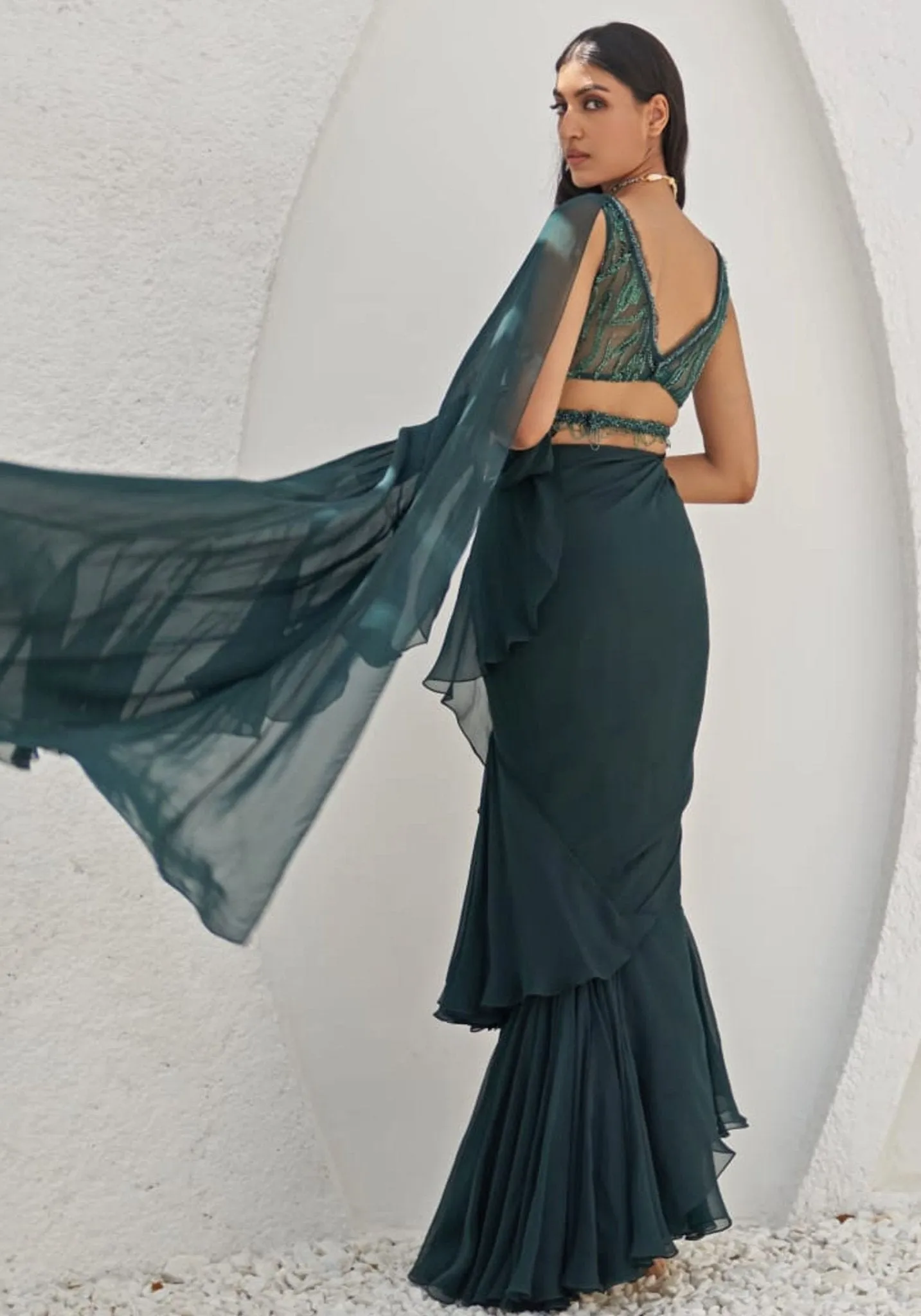 Bottle Green Embroidered Saree Set