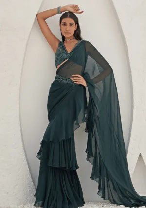 Bottle Green Embroidered Saree Set
