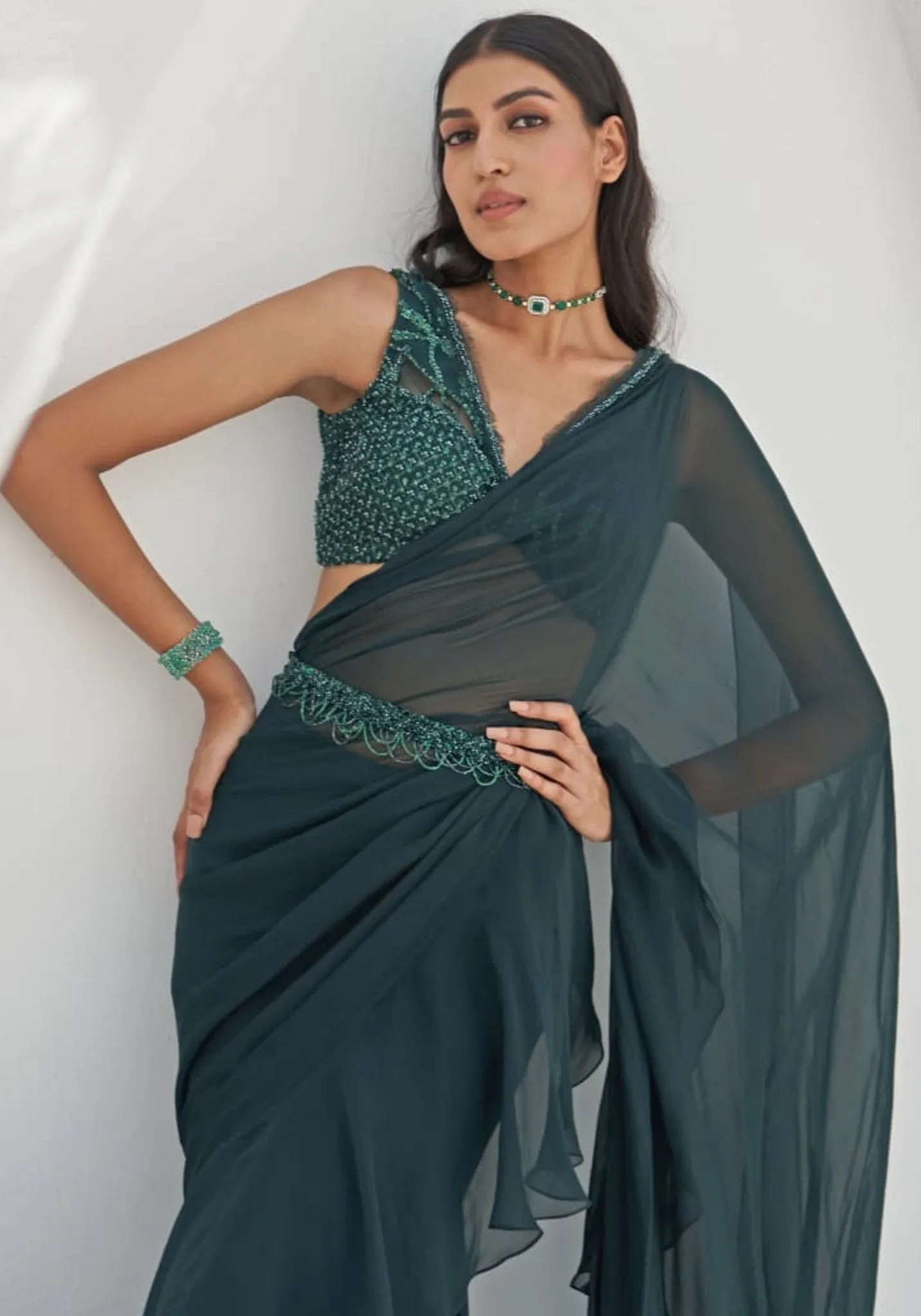 Bottle Green Embroidered Saree Set