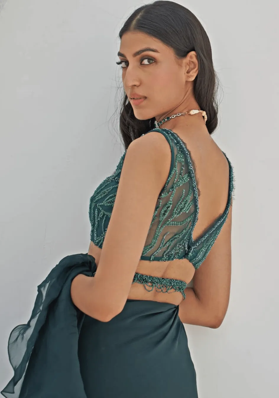 Bottle Green Embroidered Saree Set