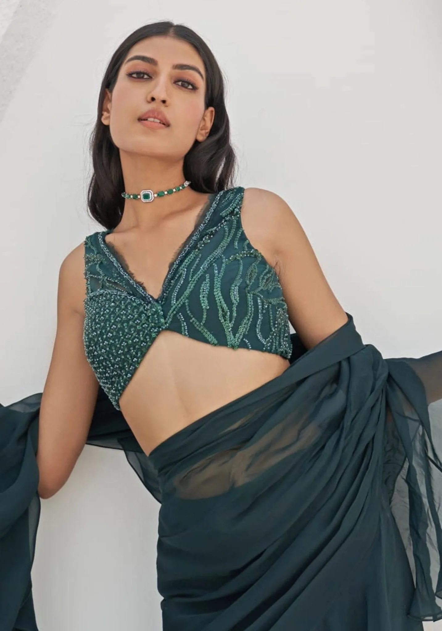 Bottle Green Embroidered Saree Set