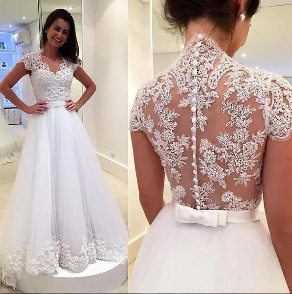 Cap Sleeve Tulle White Lace Wedding Dress, Elegant A-line Bridal Gowns PW453