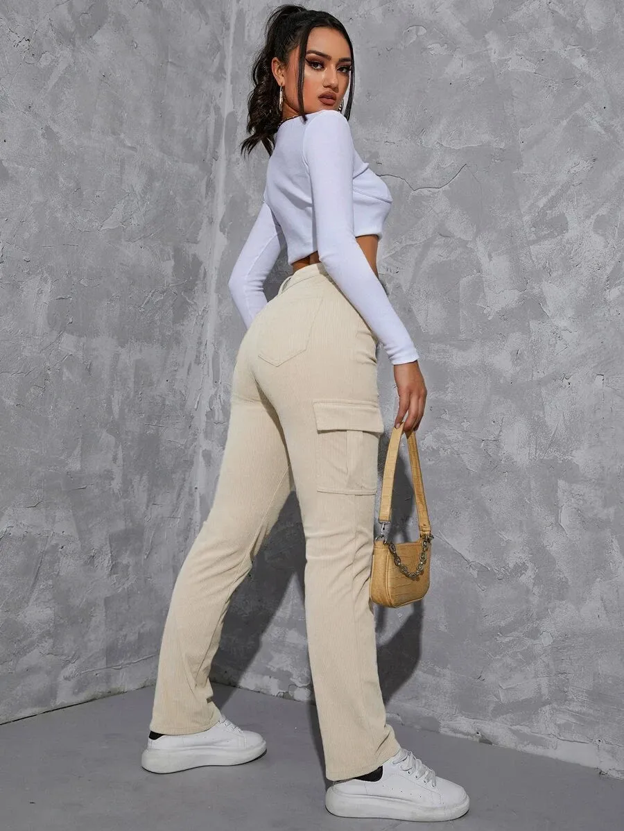 Casual Flap Pocket Corduroy Pants