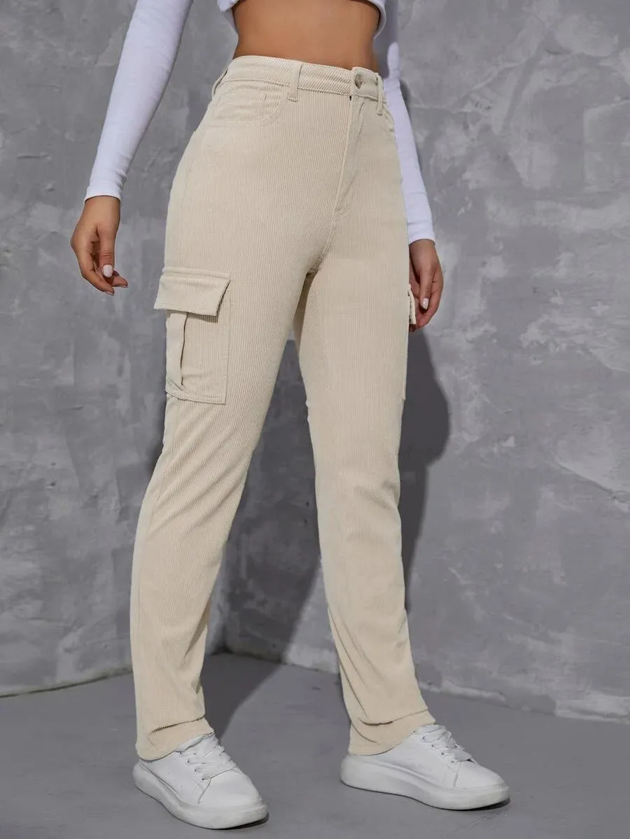 Casual Flap Pocket Corduroy Pants