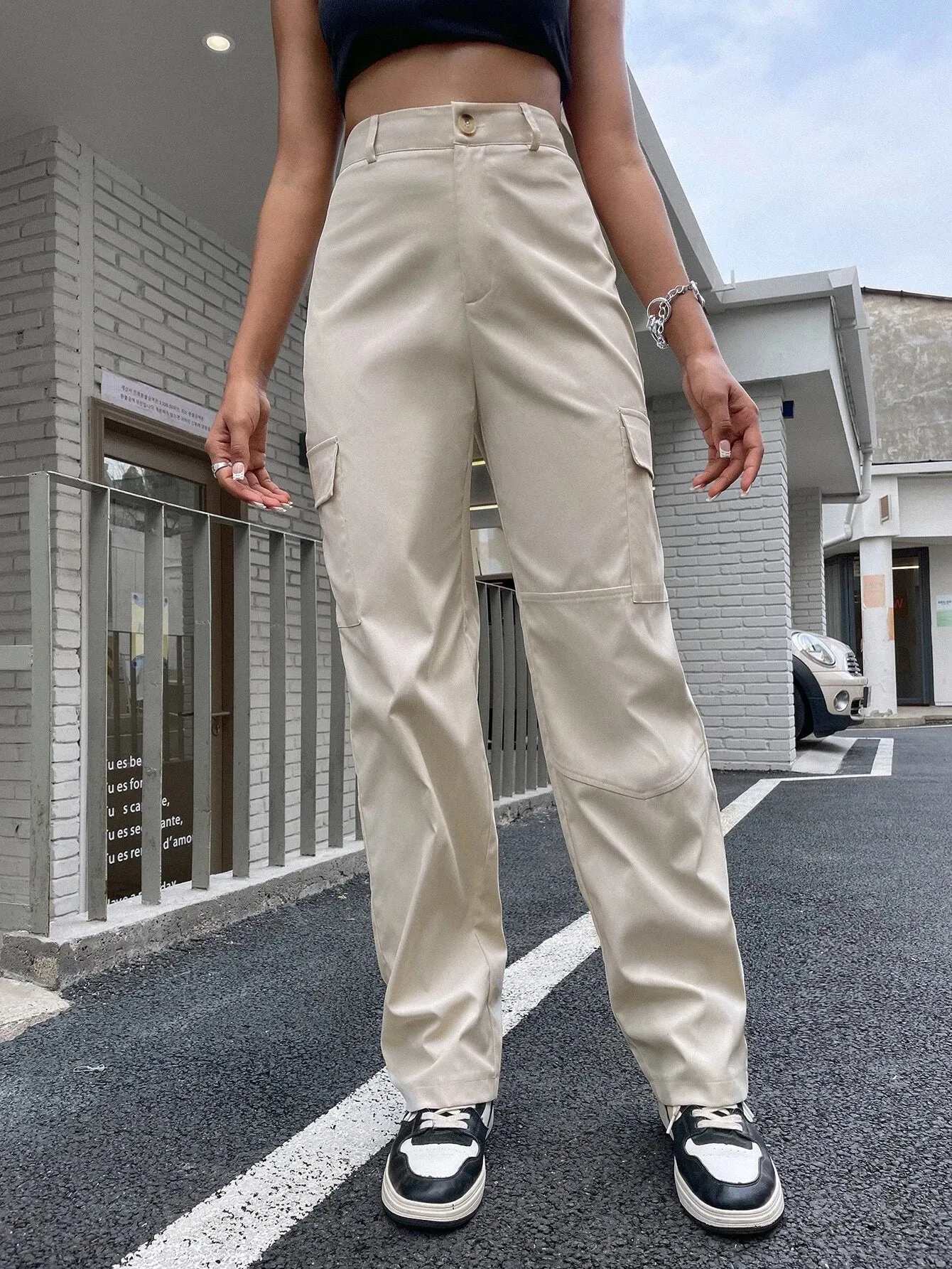 Casual High Waist Flap Pocket Cargo Pants