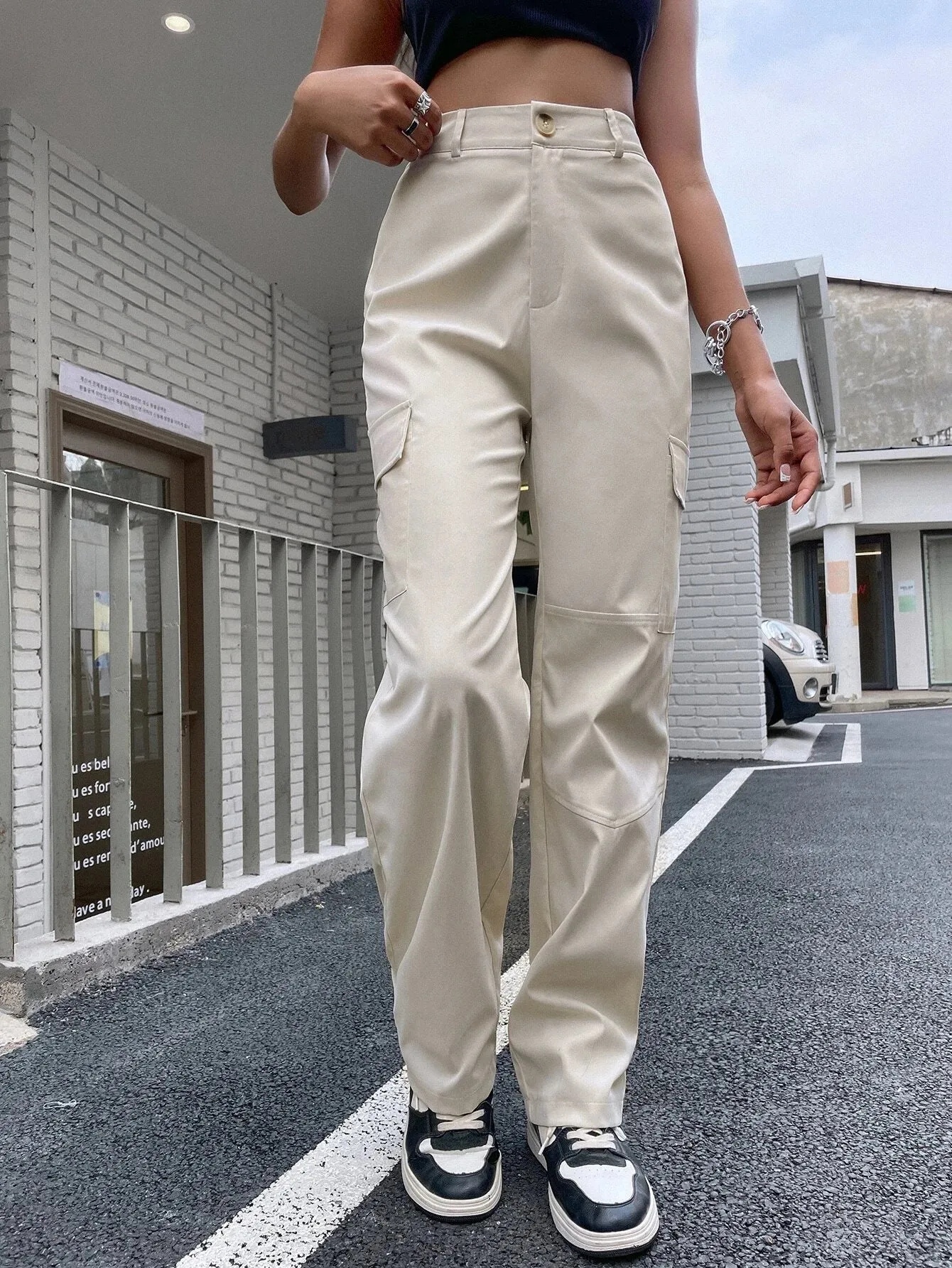 Casual High Waist Flap Pocket Cargo Pants