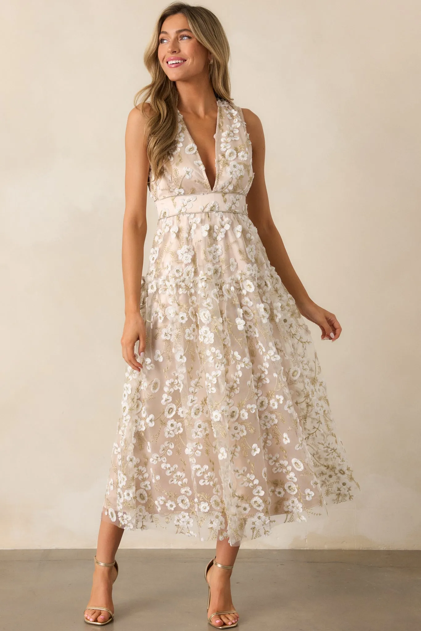 Celebrate With Me Champagne Embroidered Midi Dress