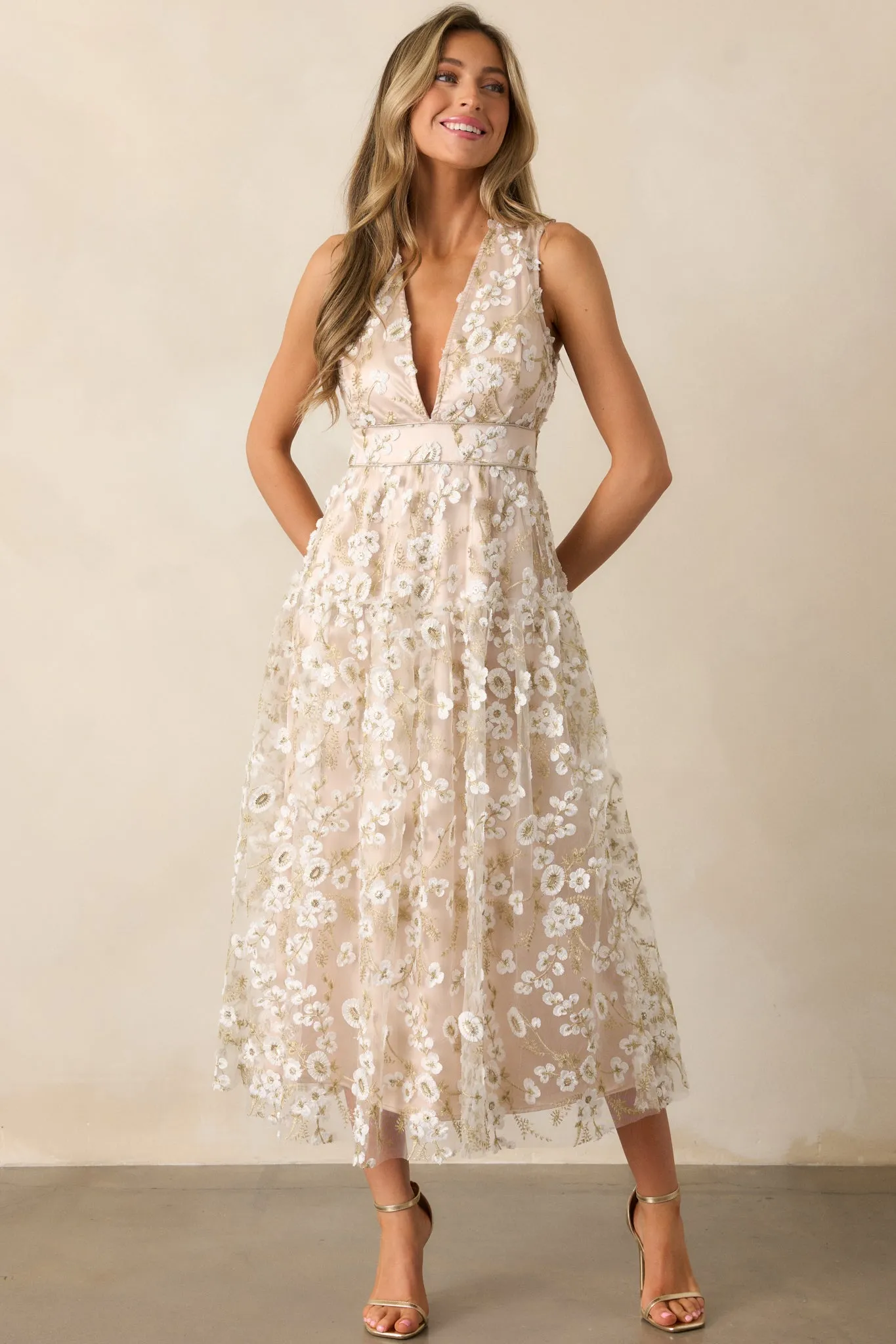 Celebrate With Me Champagne Embroidered Midi Dress