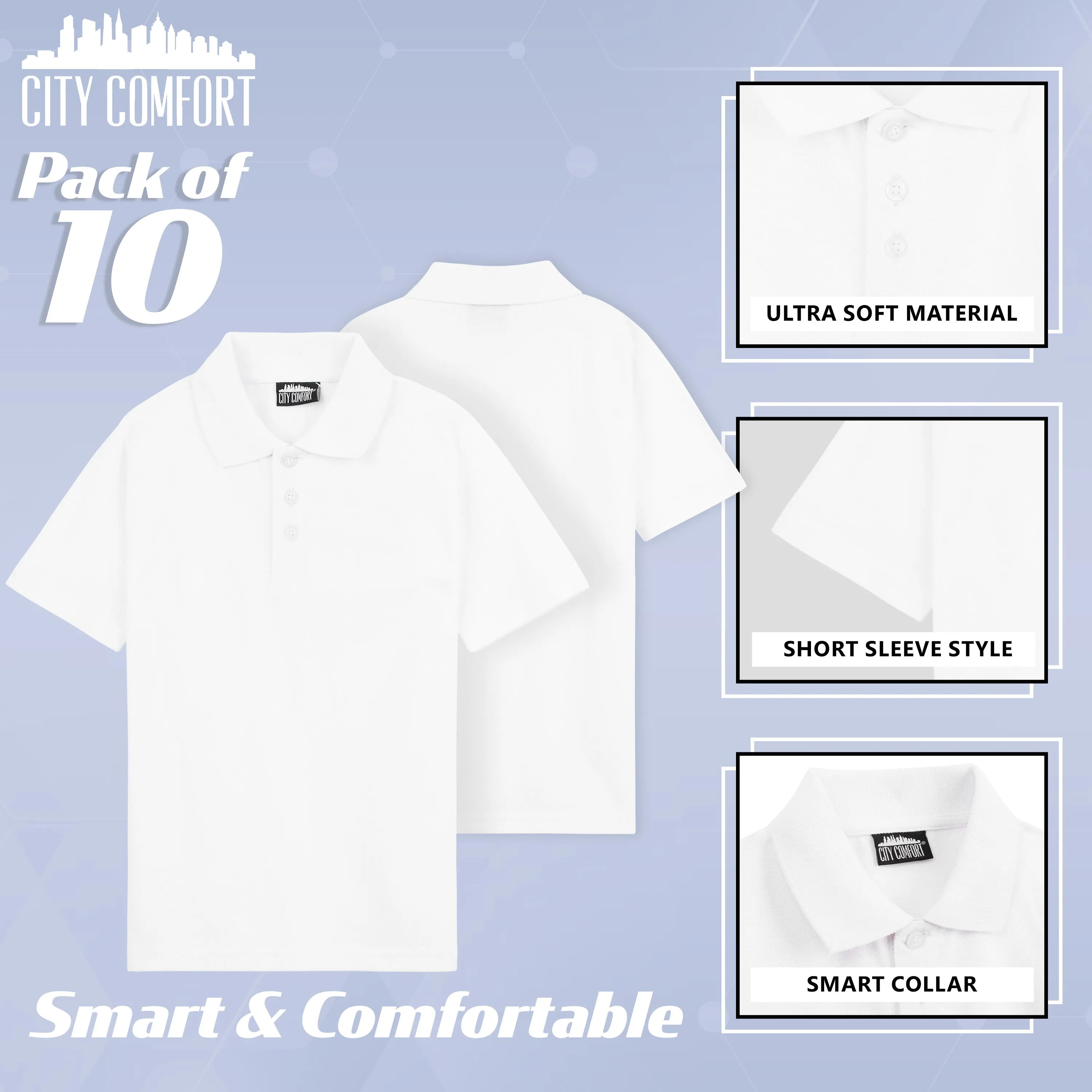 CityComfort White Polo Shirt Boys and Girls, Plain Short Sleeve T Shirt - 10 Pack