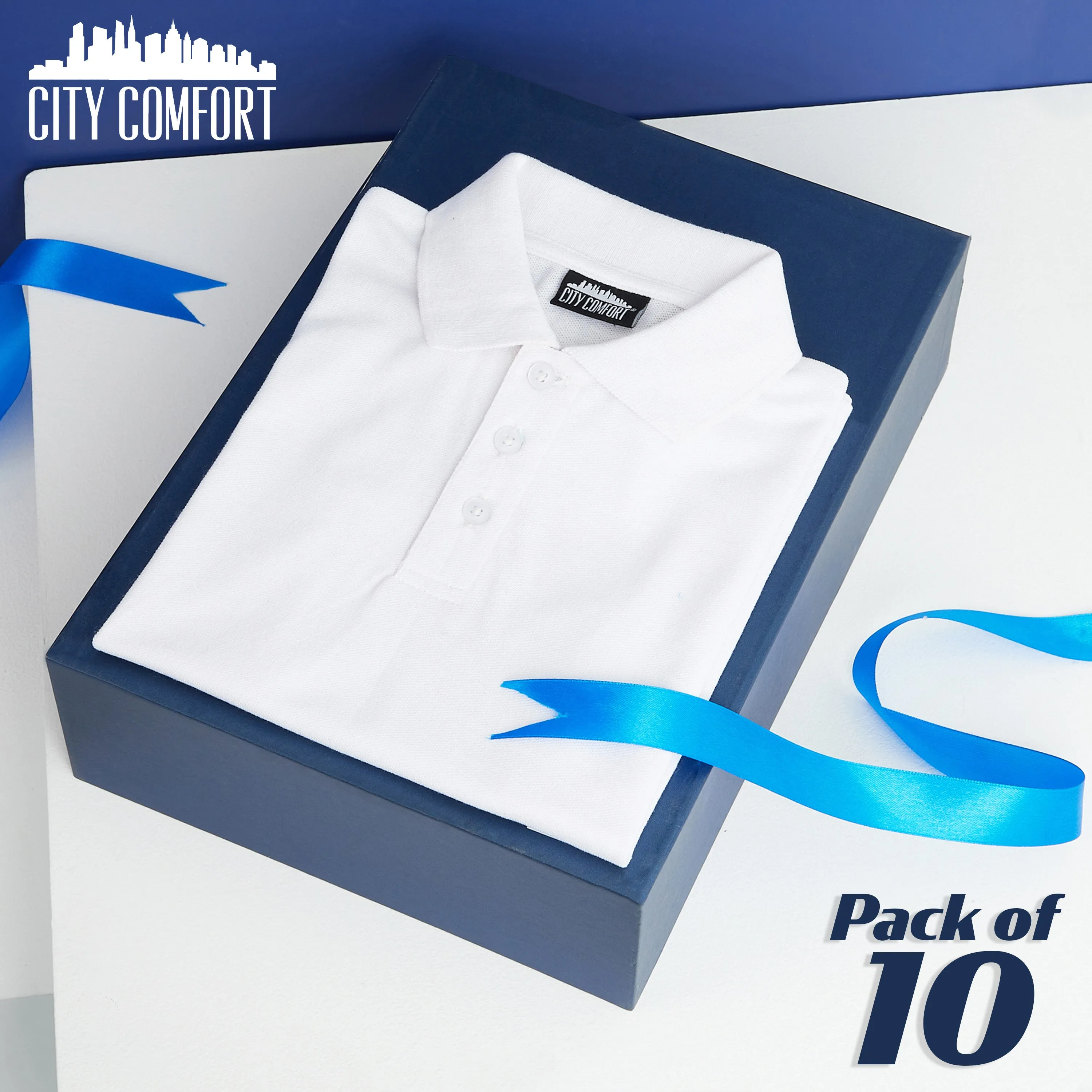 CityComfort White Polo Shirt Boys and Girls, Plain Short Sleeve T Shirt - 10 Pack