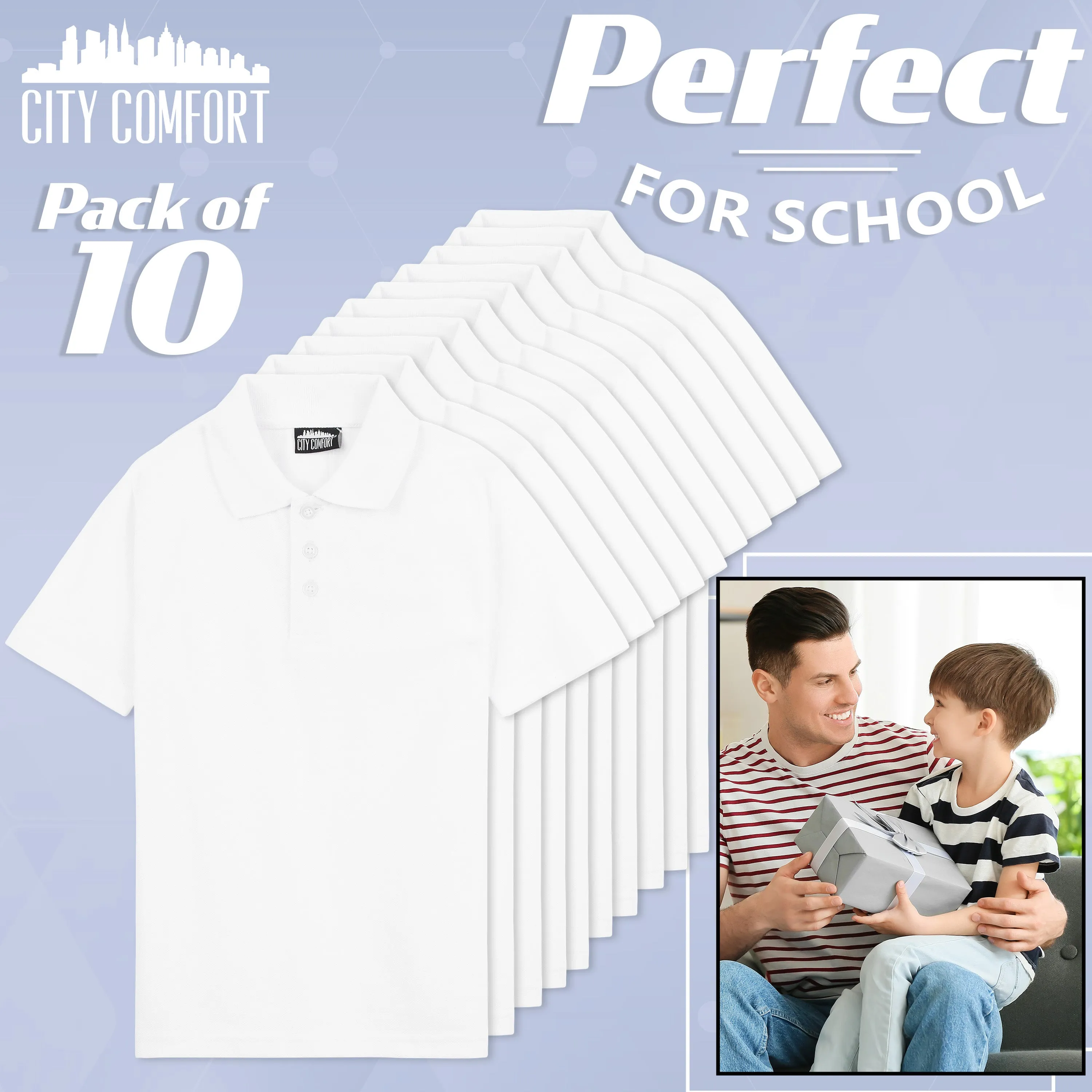 CityComfort White Polo Shirt Boys and Girls, Plain Short Sleeve T Shirt - 10 Pack