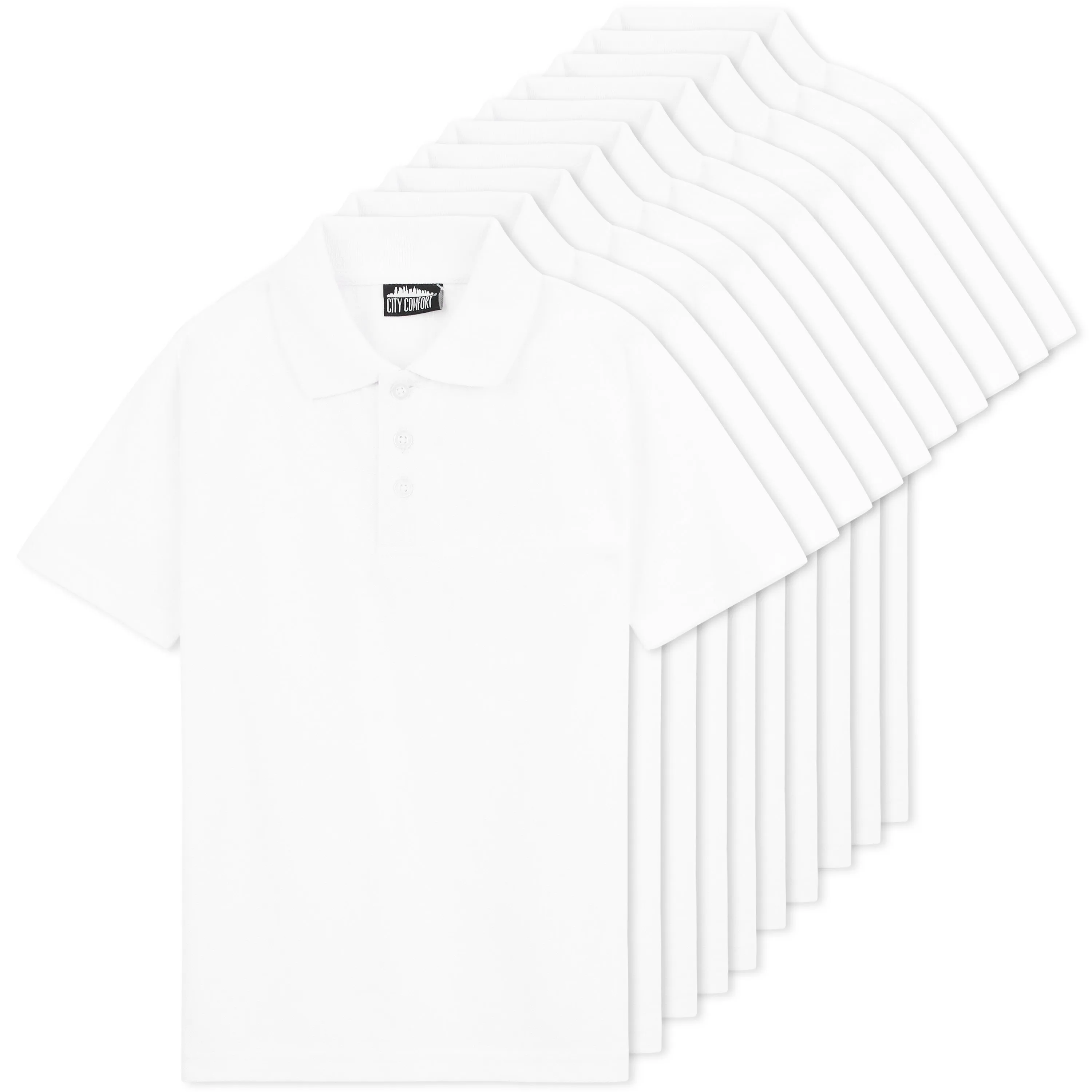 CityComfort White Polo Shirt Boys and Girls, Plain Short Sleeve T Shirt - 10 Pack